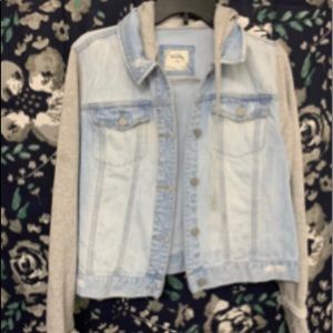 denim jacket with knit sleeves